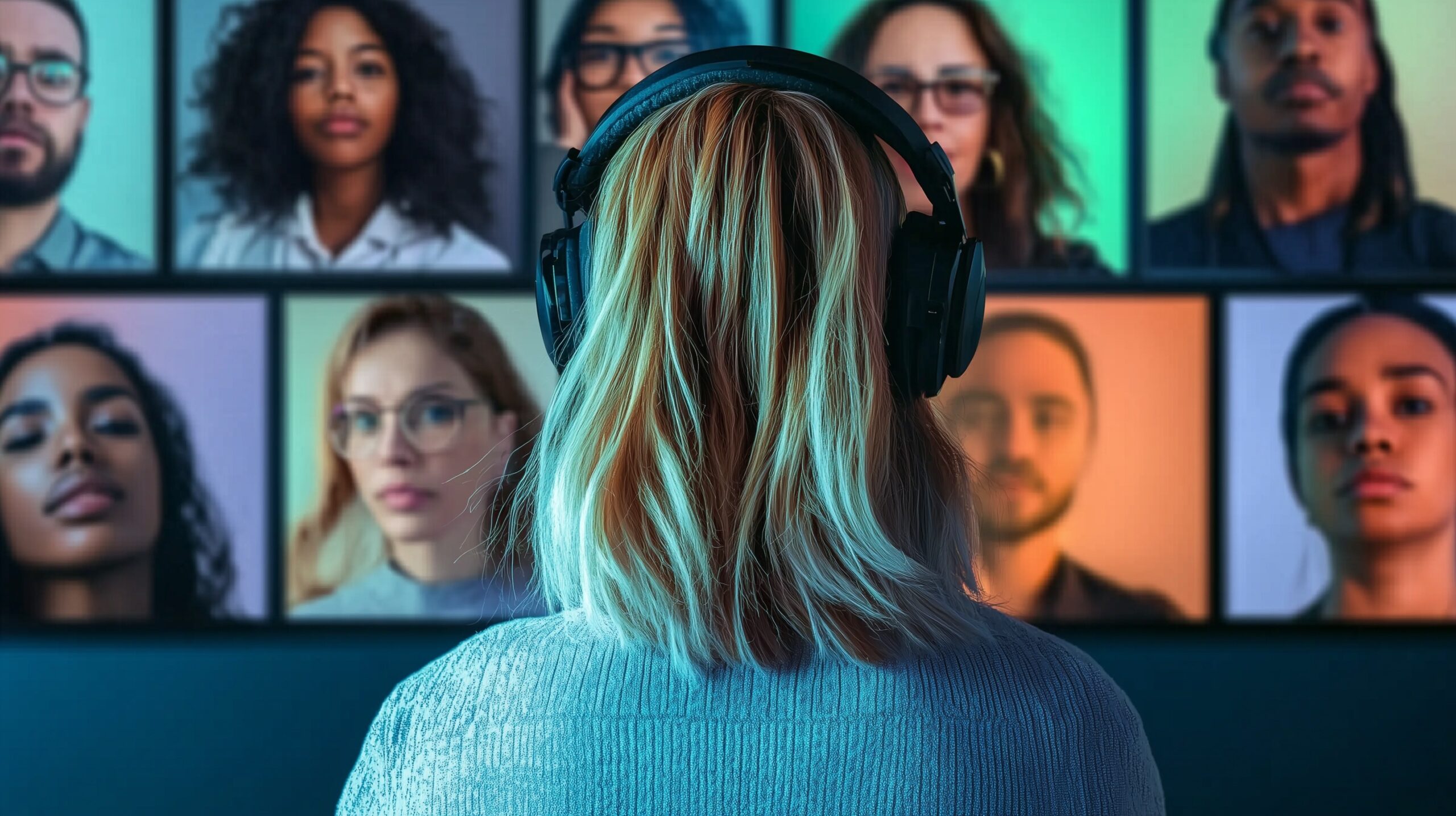 A woman wearing headphones is looking at several people on the same wall.