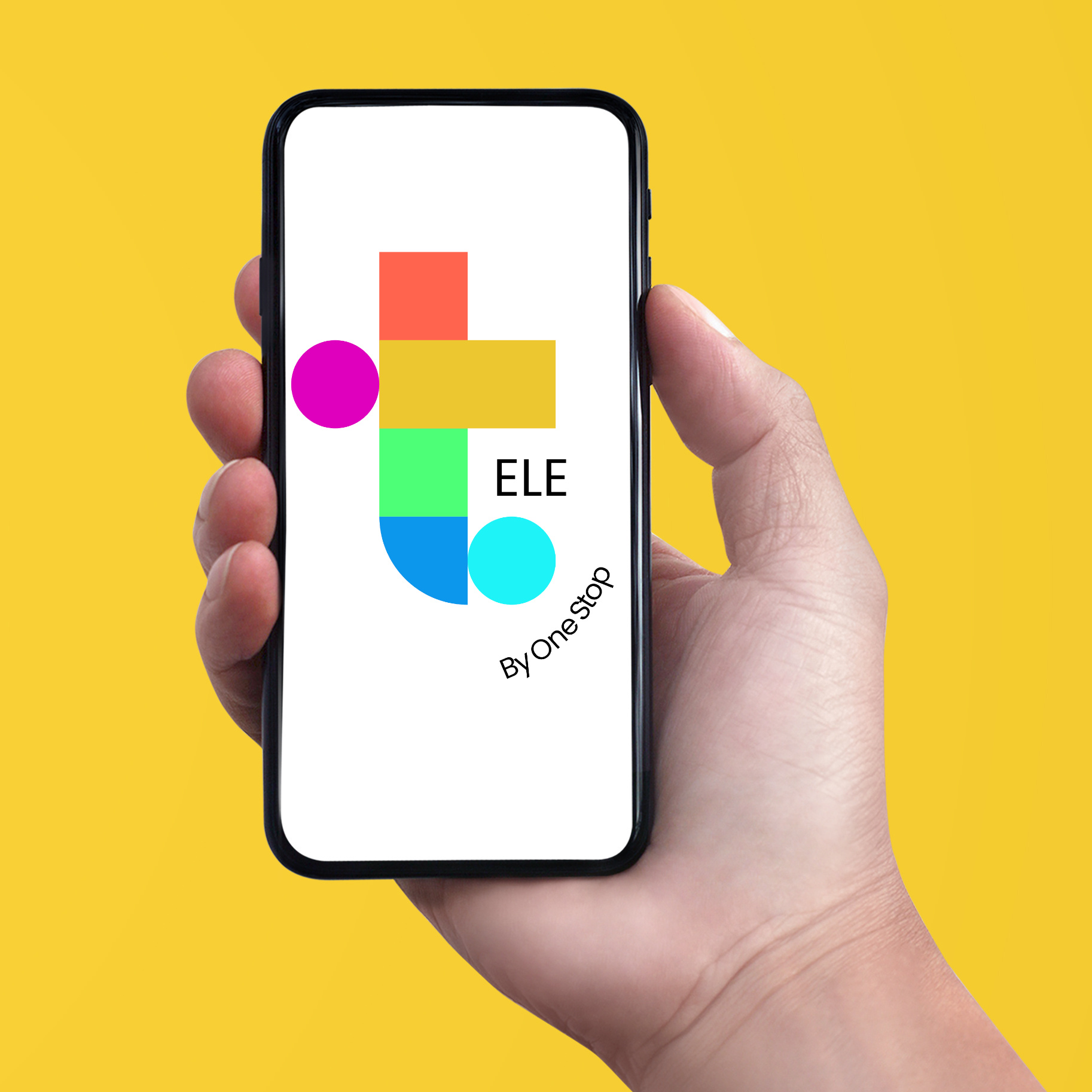 A hand holding an iphone with the ele logo on it.