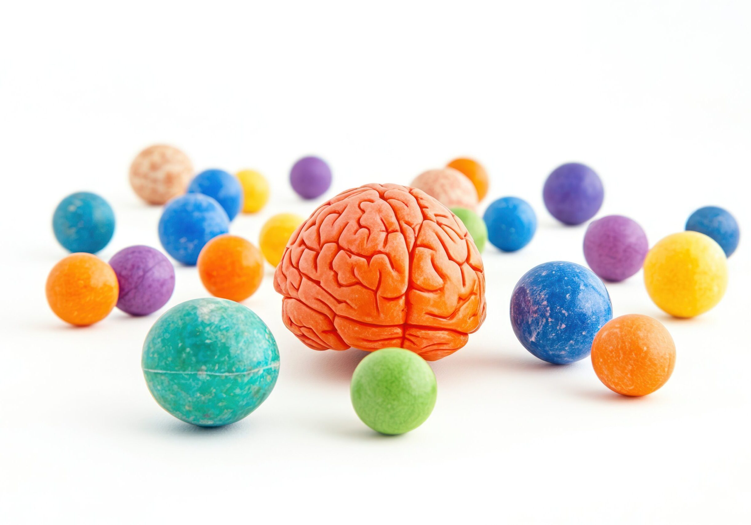 A group of colorful balls and a brain.