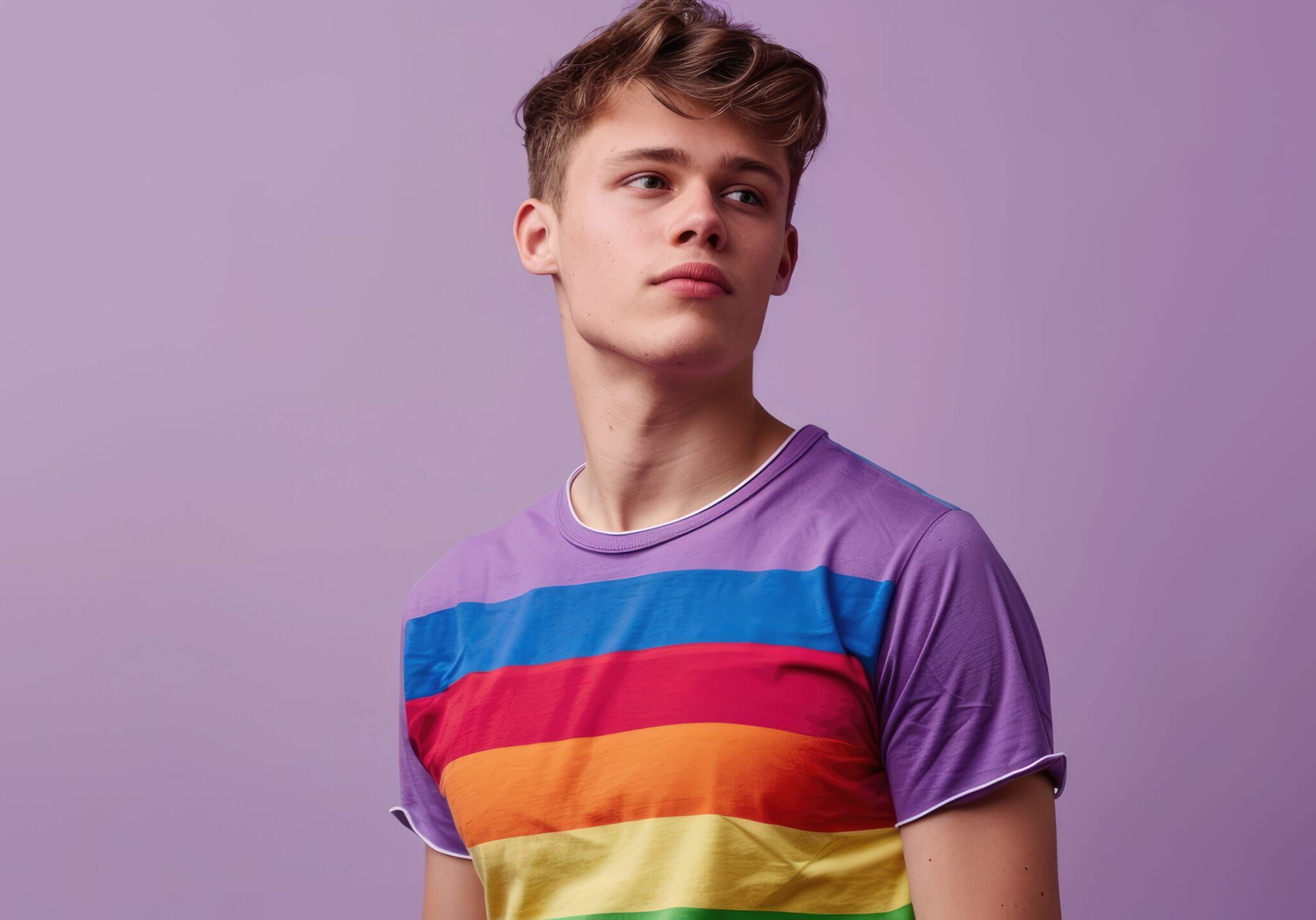 A man in a rainbow shirt posing for the camera.