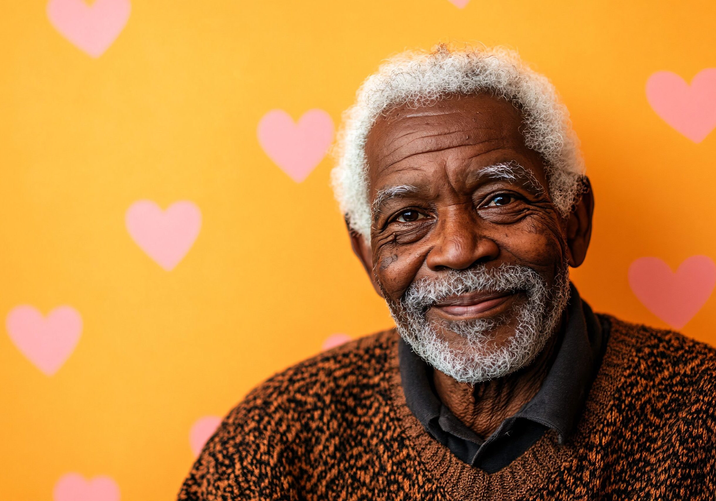 A man with white hair and a brown sweater.