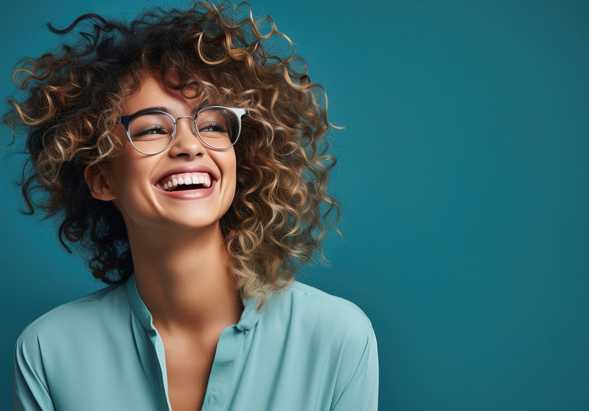 A woman with glasses smiling and wearing a blue shirt.