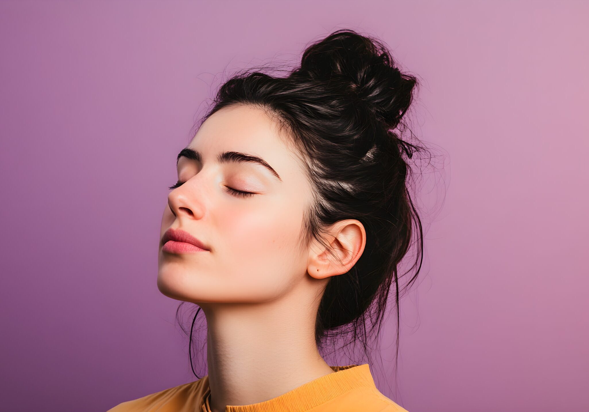 A woman with her eyes closed and her hair in the air.