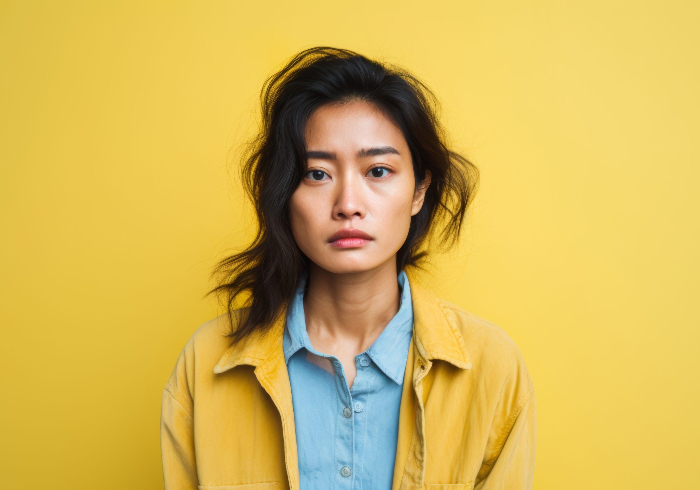 A woman with long hair wearing a yellow jacket.