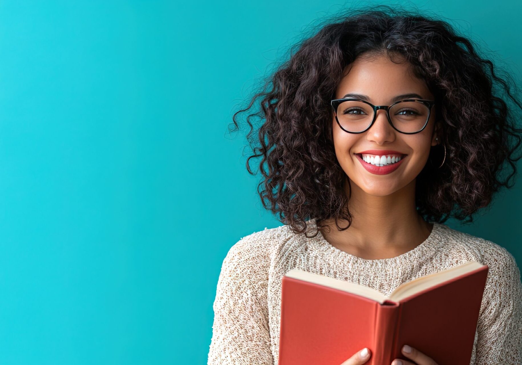 A woman with glasses holding an open book.