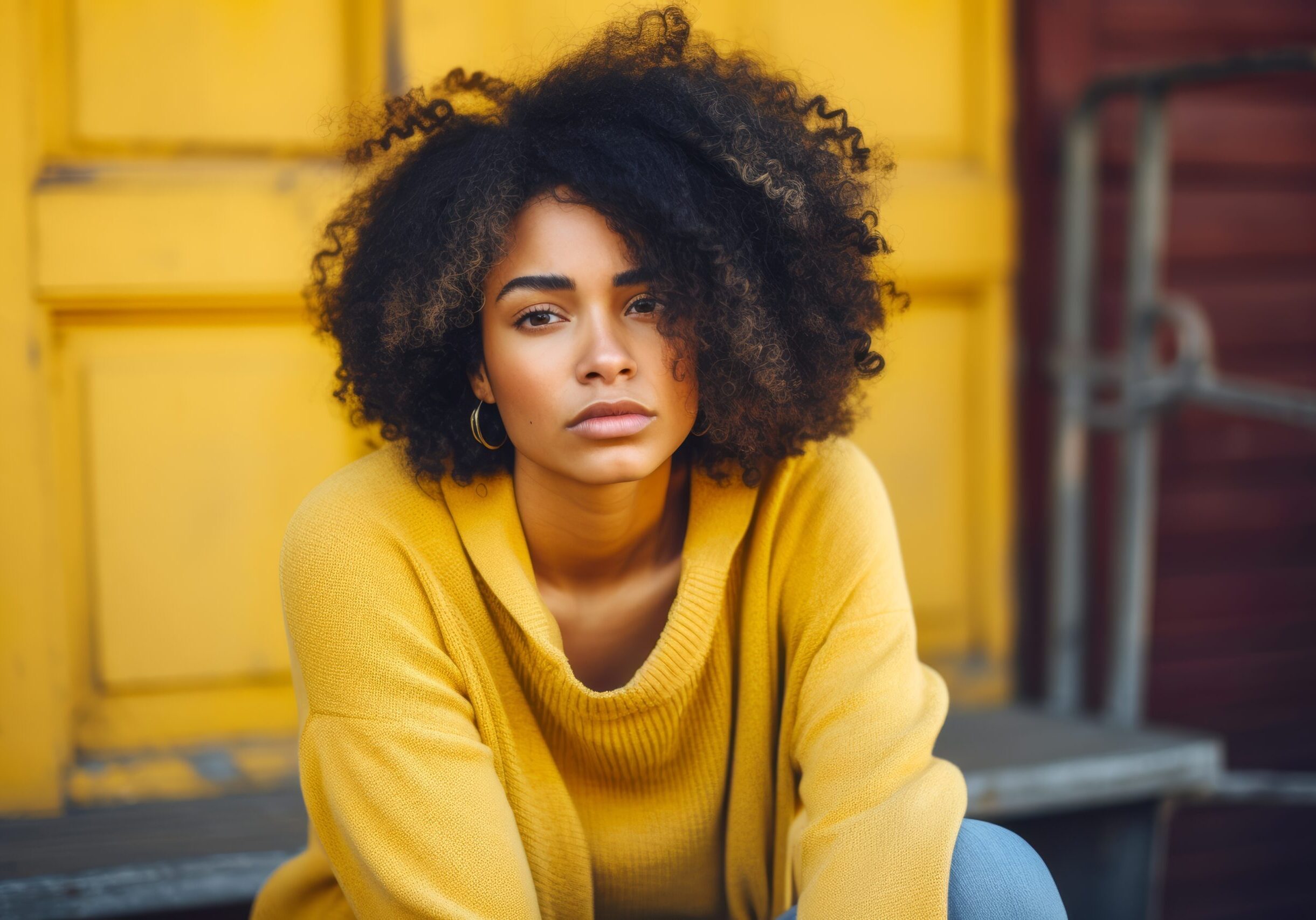 A woman with curly hair sitting on the ground.