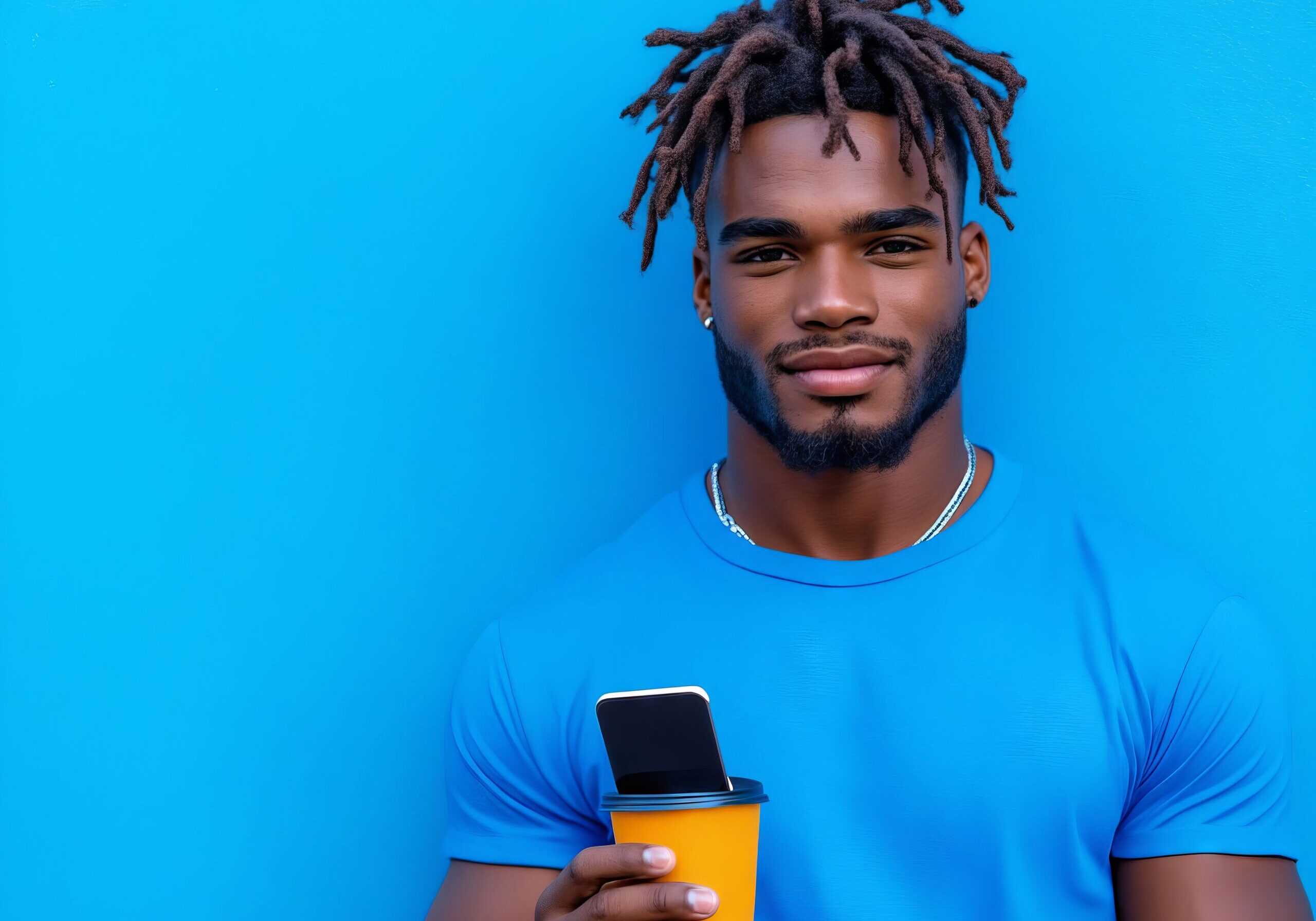 A man with dreadlocks holding a cell phone.