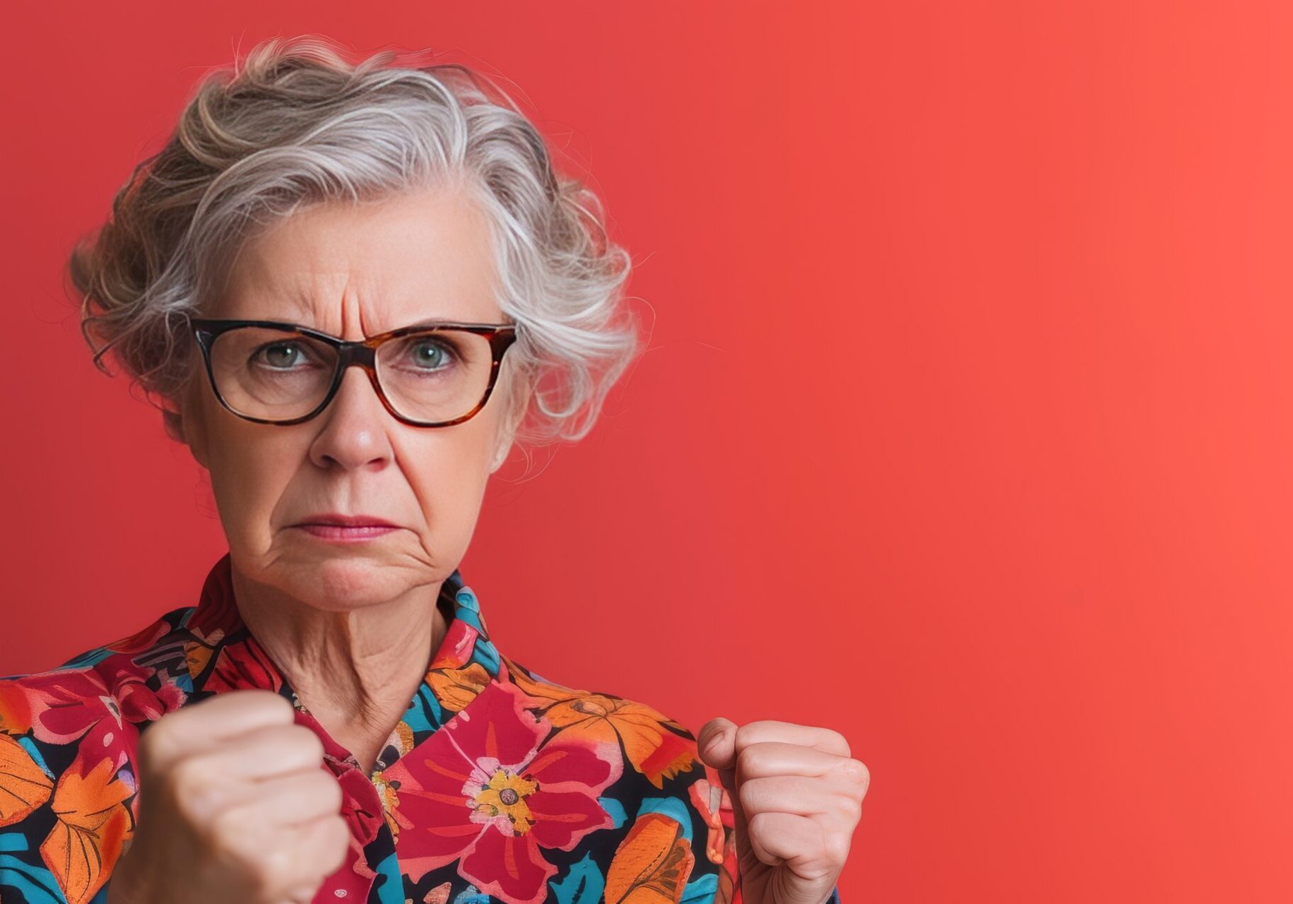 A woman with glasses and gray hair wearing a floral shirt.