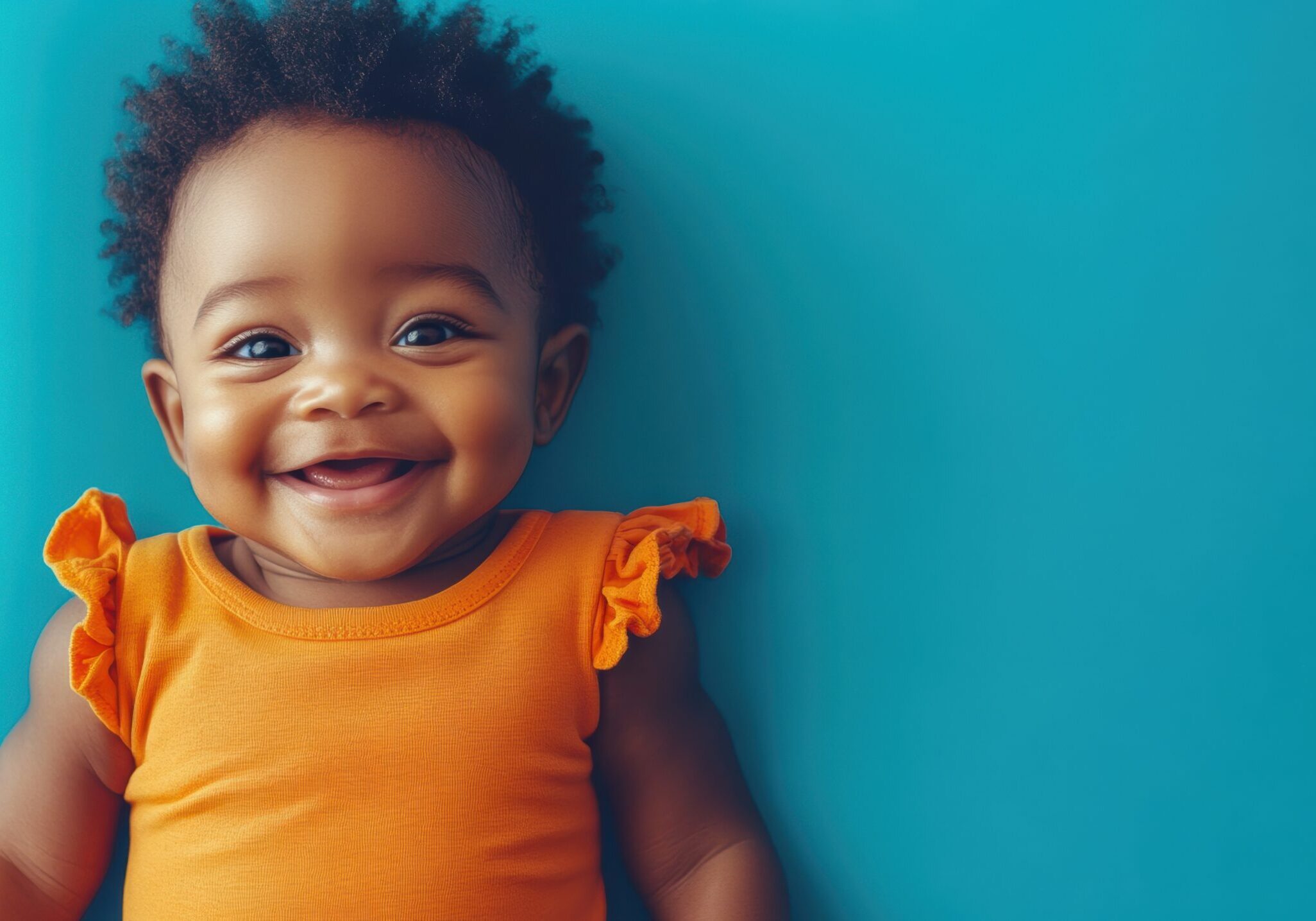 A baby girl smiling for the camera in an orange shirt.