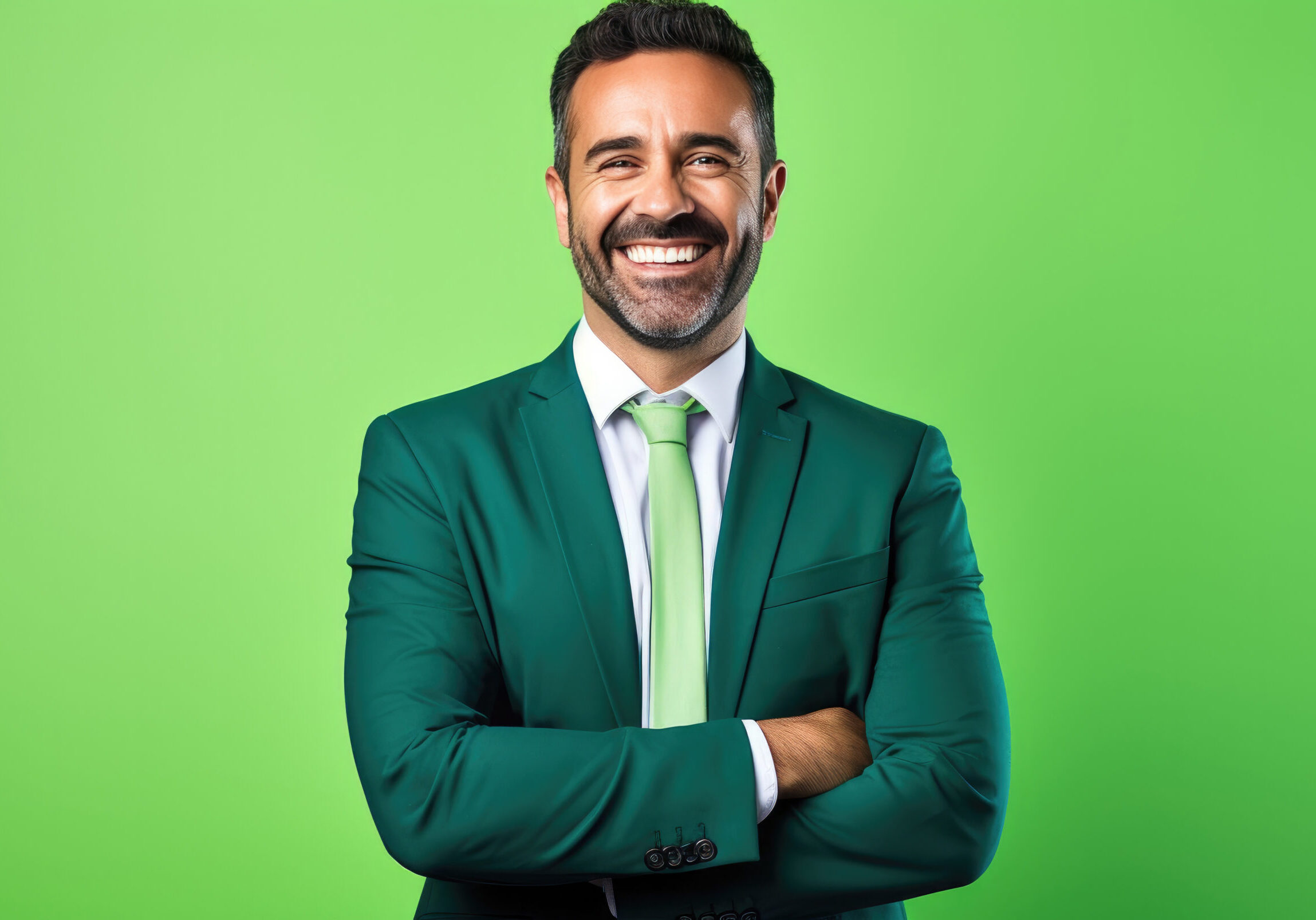 A man in green suit and white shirt smiling.