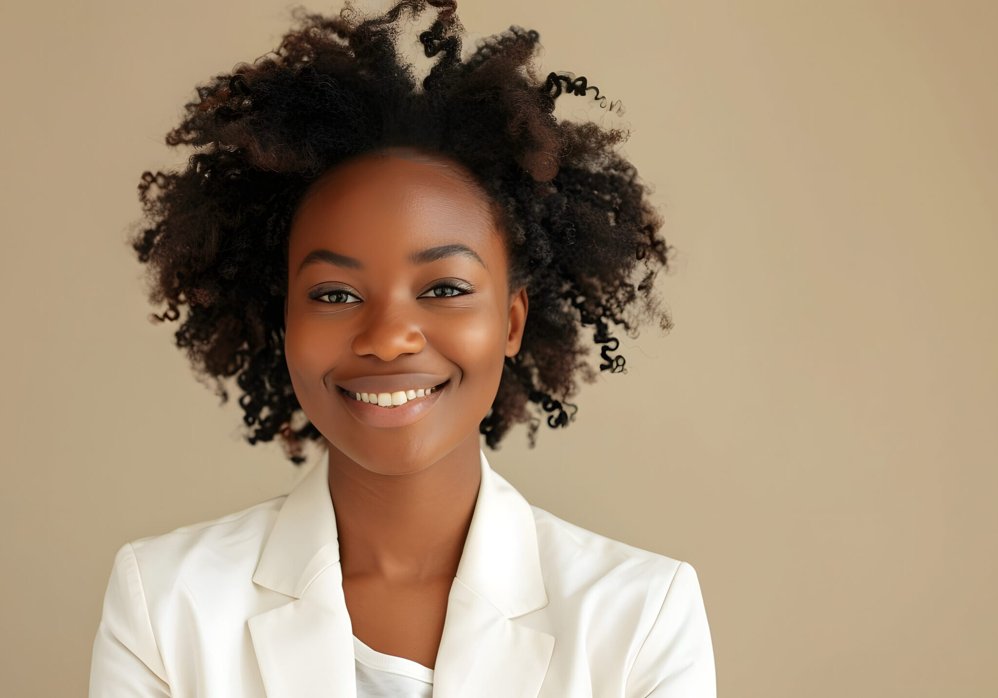 A woman with afro hair wearing white jacket.