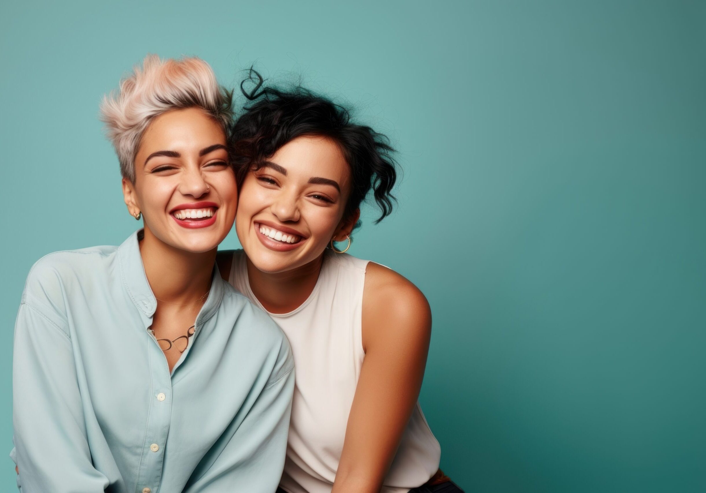 Two women smiling for a picture in front of a blue wall.