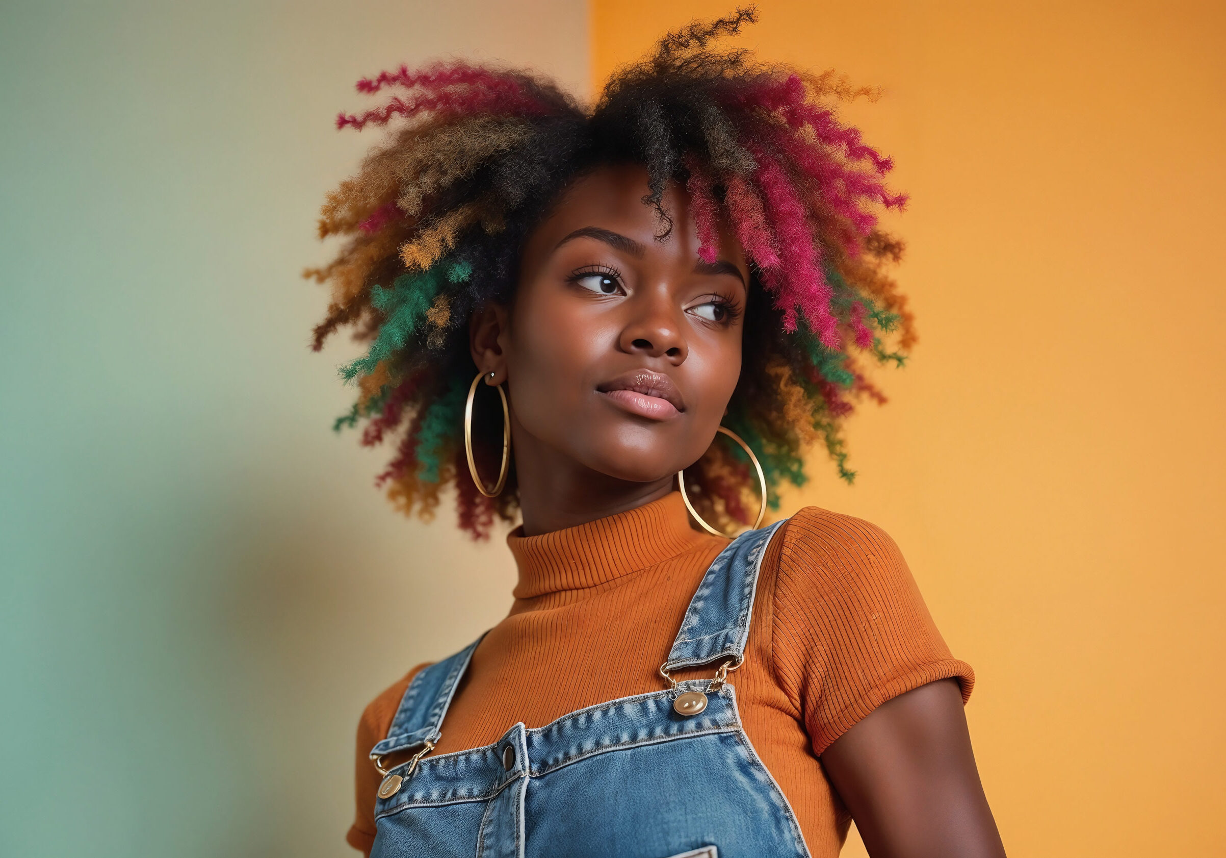 A woman with colorful hair stands in front of an orange wall.