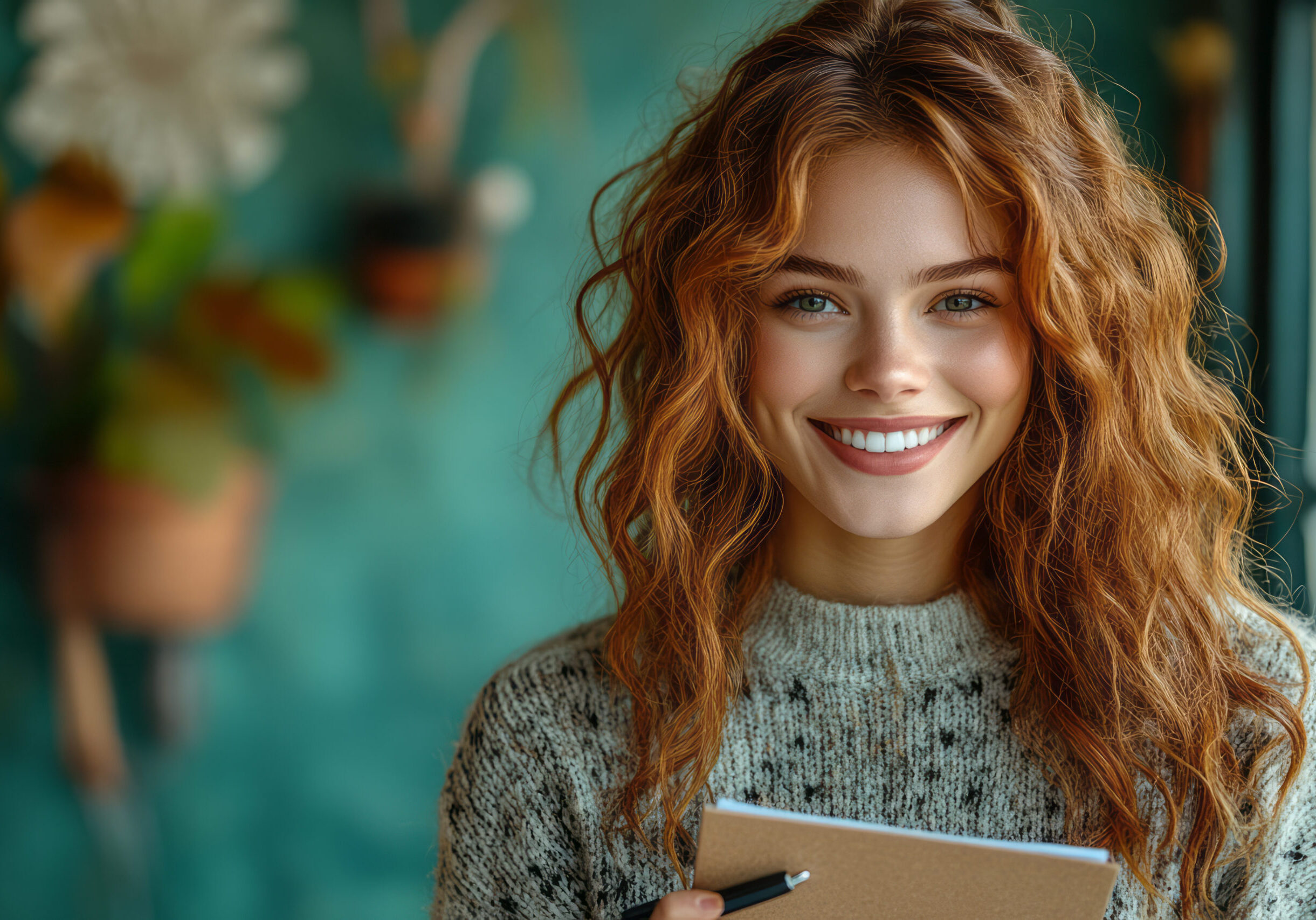 A woman with red hair holding a notebook and pen.