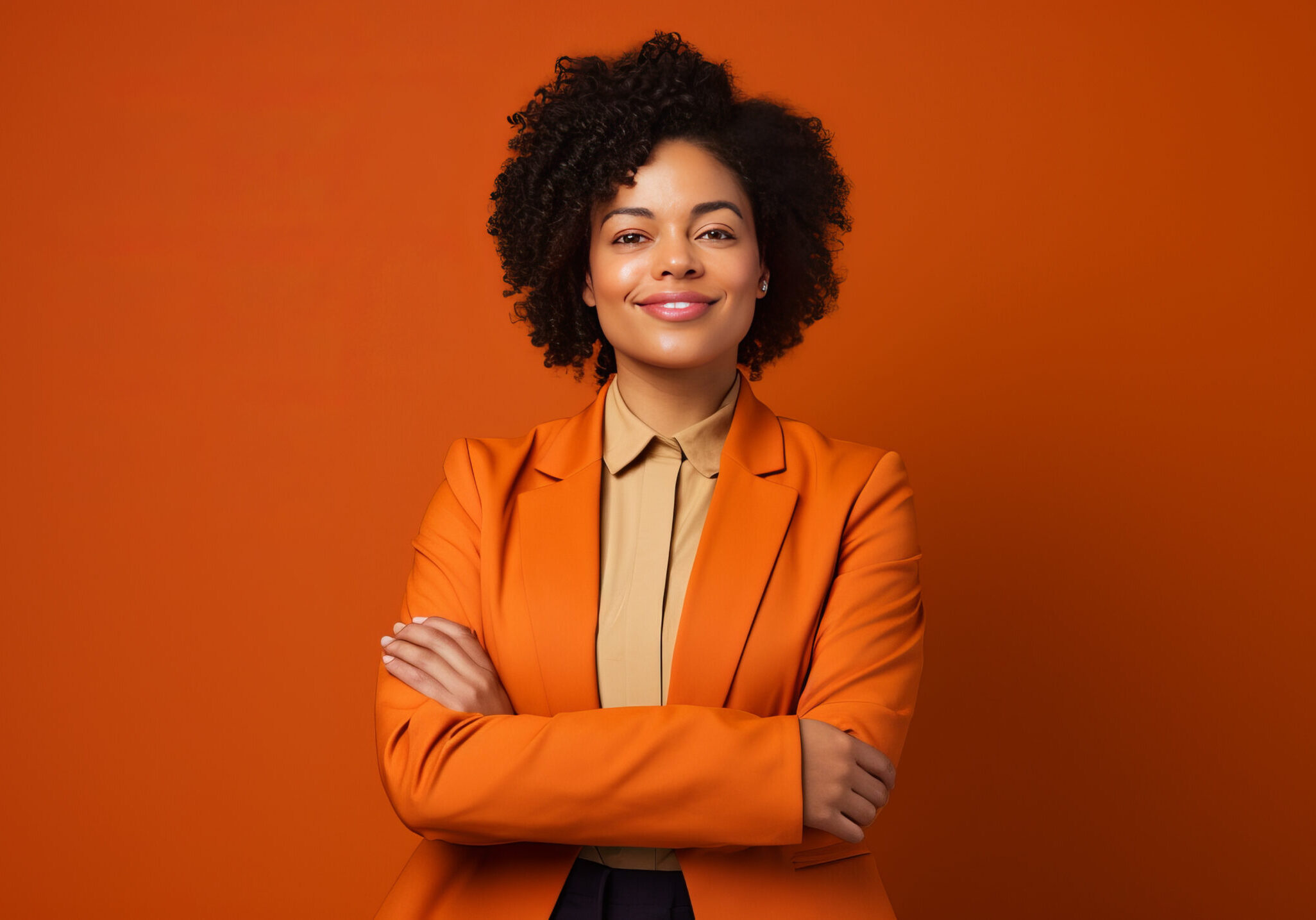 A woman in an orange jacket with her arms crossed.