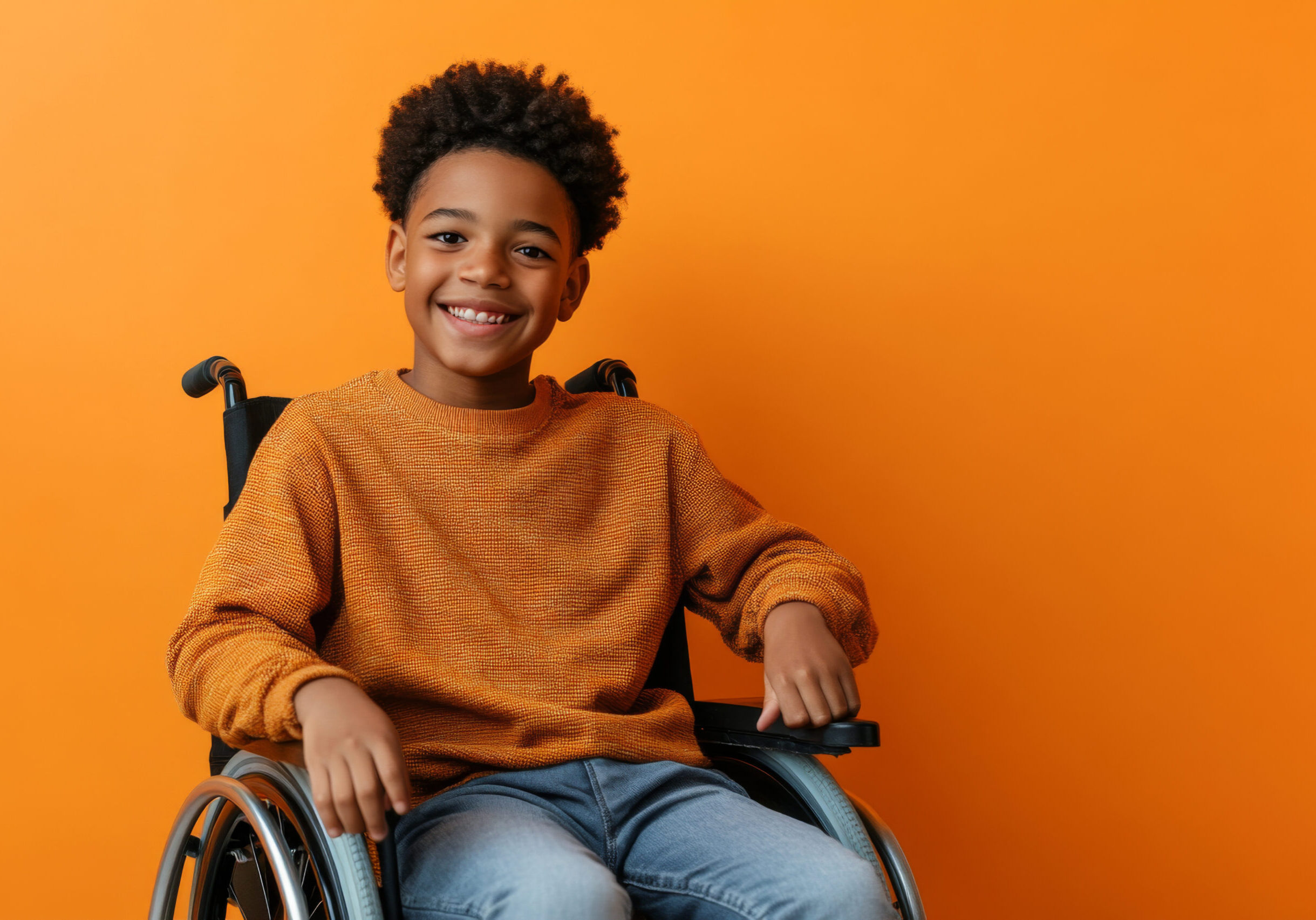 A young boy sitting in a wheelchair smiling for the camera.