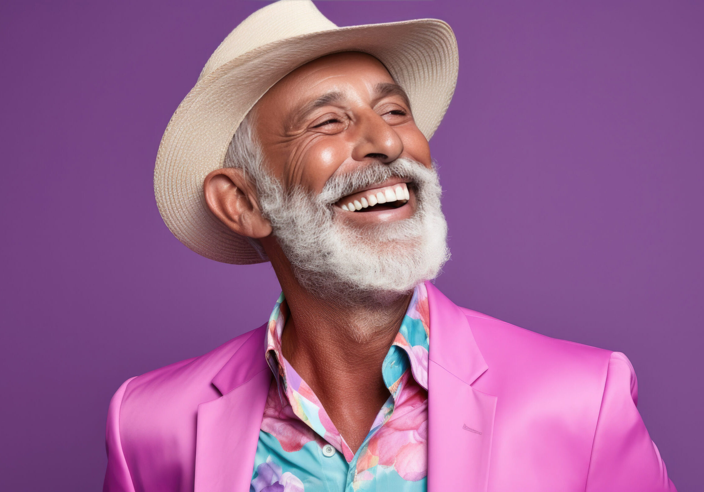 A man with a white beard and hat in a pink suit.