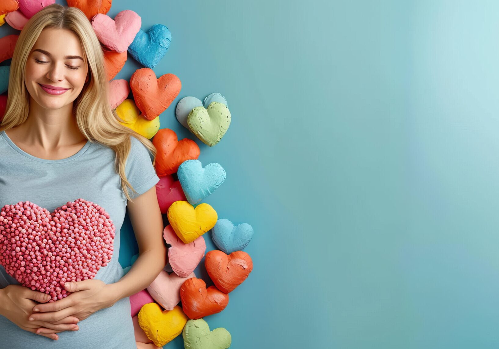 A woman holding her stomach in front of many hearts.