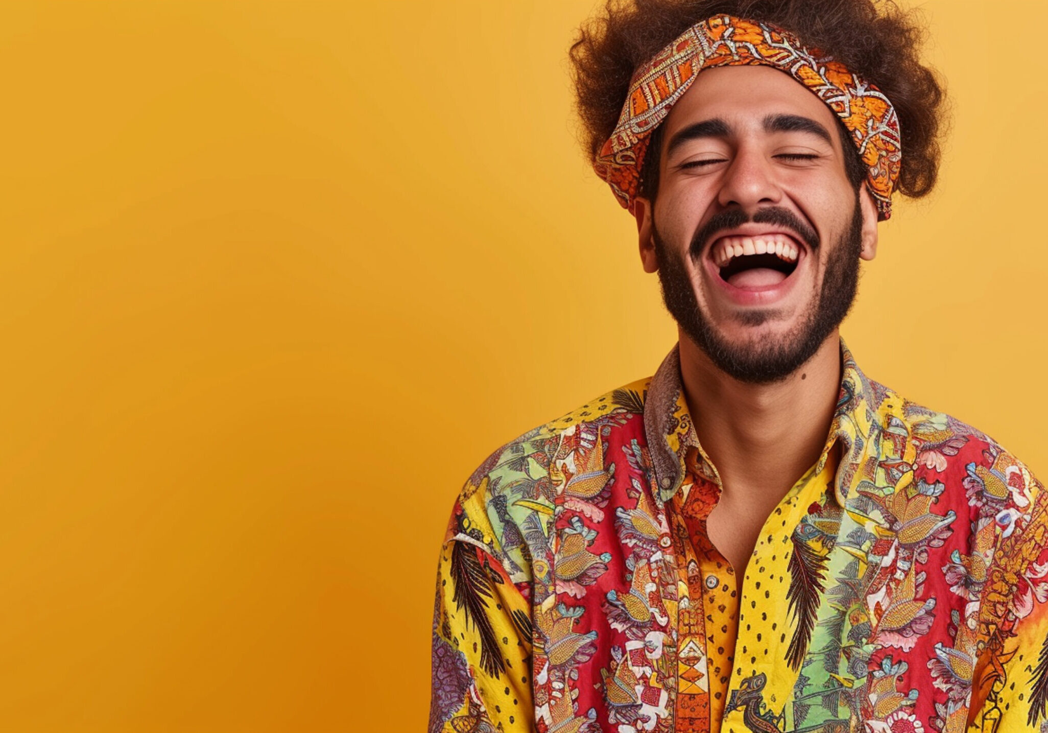 A man with a beard and colorful shirt laughing.