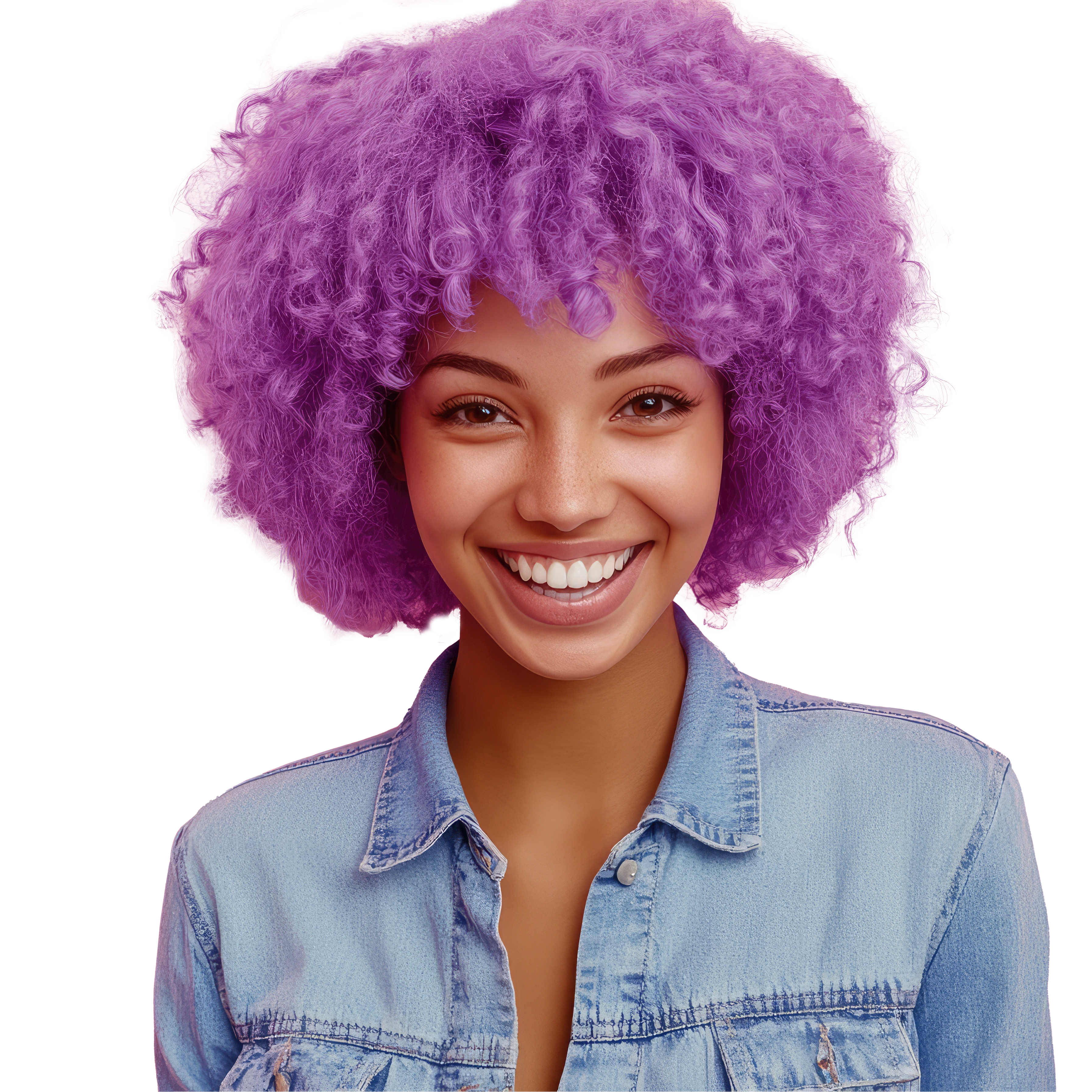 A woman with purple hair smiling for the camera.